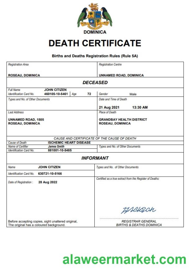 Dominica vital record death certificate Word and PDF template
